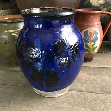 19th C Floral Pottery Jug, Pitcher, Deep Cobalt Blue, Terra Cotta, Glazed Pottery, Rustic European Farmhouse, Farm Table 