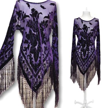 Vintage Purple Velvet Burn Out Blouse Sheer Floral Print Shirt with Fringe 