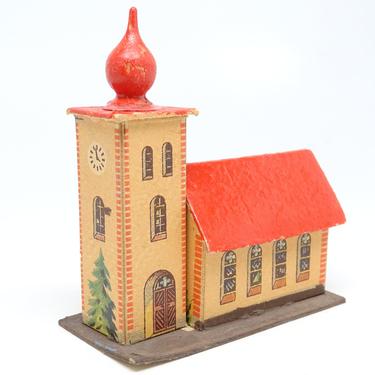 Vintage German Church House for Christmas Putz or Nativity Creche, Antique Cardboard Toy, East Germany 