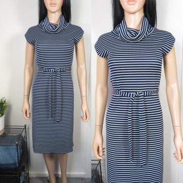 Vintage 70s Nautical Navy Blue Striped Cowlneck Polyester Midi Dress Size S/M 