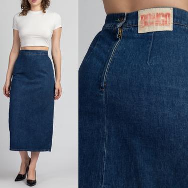 90s Bongo Denim High Waisted Midi Skirt - Small | Vintage A Line Zip Slit Jean Mom Skirt 