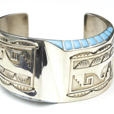 Jim Leander Navajo Silver Storyteller Opal Turquoise Cuff Bracelet Signed 