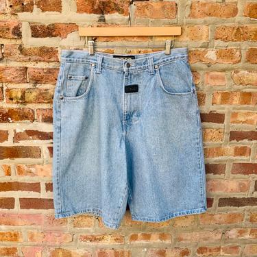 Vintage 90s BOSS Baggy Denim Shorts with Rubber and Metal Logo Patches Jeans Size 36 Waist Hip Hop fashion 