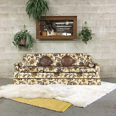 LOCAL PICKUP ONLY Vintage Couch Retro 1970s Velour 3 Seat Couch + Creme + Brown + Yellow + Black Floral Print + Pillows + Brown Piped Edges 