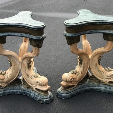 Incredible pair of vintage dolphin pedestals - table with heavy glass top 