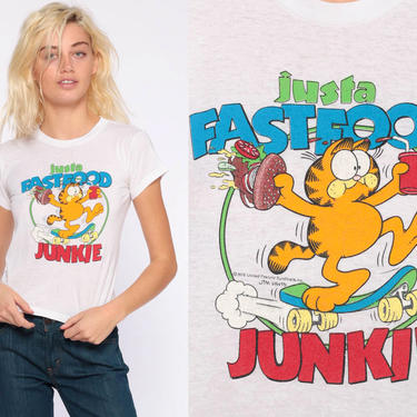 Fast Food Junkie Shirt xs -- Graphic Shirt Skater Tee 80s Tshirt Skateboarding Shirt Cat Retro T Shirt Vintage 90s Screen Print Extra Small by ShopExile