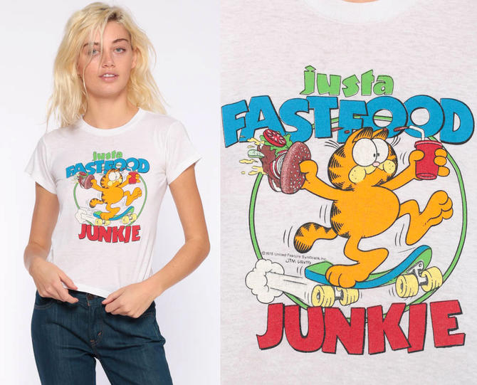 Fast Food Junkie Shirt xs -- Graphic Shirt Skater Tee 80s Tshirt Skateboarding Shirt Cat Retro T Shirt Vintage 90s Screen Print Extra Small 