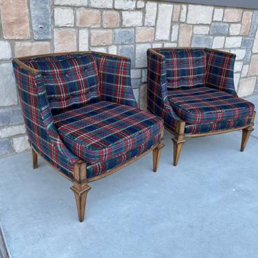 Pair of Mid Century, Hollywood Regency, MCM Blue Multi-Color Plaid Chairs 