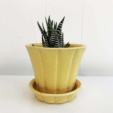 Vintage Brush McCoy Butter Yellow Striped Planter Sunshine Attached Saucer Mid-Century Pottery Pot Made in the USA 1950s 50s 