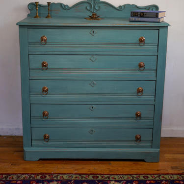Antique Dresser, Vintage Dresser, Green Turquoise Blue Dresser, Highboy, Chest of Drawers, Distressed Shabby chic Dresser, Free NYC Delivery 