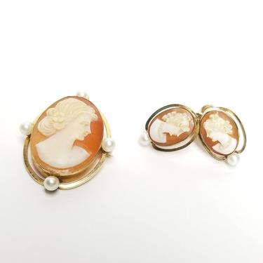 Vintage Cameo Earrings and Pin Set / Van Dell 12k Gold Filled Cameo Jewelry Set / 1960s Screwback Cameo Earrings and Matching Brooch Pendant 