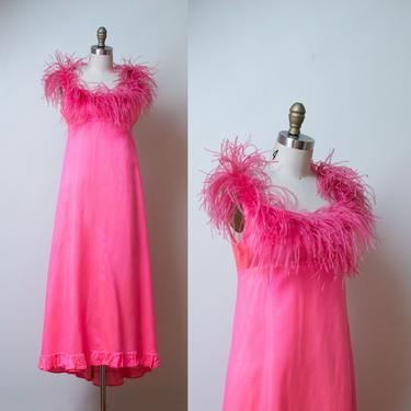 1960s Jean Varon Dress / 60s Neon Pink Feather Trim Gown 
