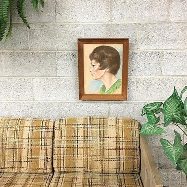 Vintage Womans Portrait 1960s Retro Size 15x19 Pastel Art of Lady Side Profile with Brown Hair + Green Dress in Brown Wood Frame 