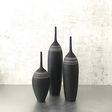 SHIPS NOW- set of 3 tall ceramic stoneware bottle vases, raw black clay with white porcelain stripes by Sara Paloma Pottery 