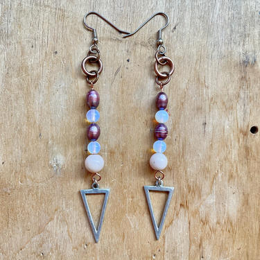 Handmade Pearl Opal Triangle Earrings Unique Gemstone Jewelry Special Small Gifts 