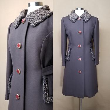 Vintage 60s Stegari Brown Wool Coat ~ Russian Military Style Coat ~ Womens Large ~ Persian Lamb Fur Collar ~ Mid-Length Heavy Wool Overcoat 