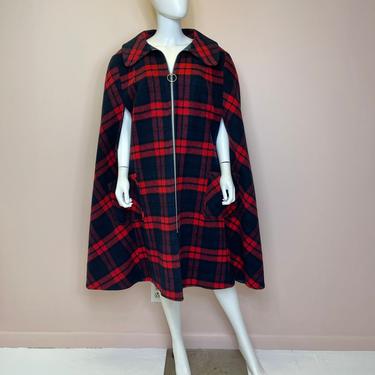 Vtg 70s maxi plaid wool red and black cape M 