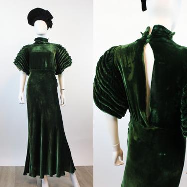 1930s NRA GREEN silk velvet gown dress BALLOON sleeves medium | new winter 