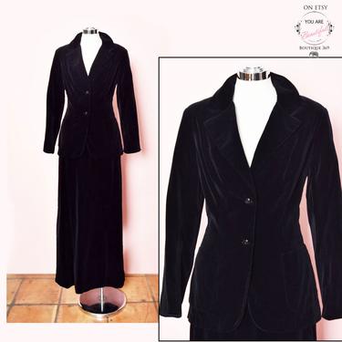 70's Vintage Designer Black Velvet Dress Set, Jacket & Matching Long Skirt SUIT, 1970's Ossie Clark era Disco Hippie Boho, Size Medium 