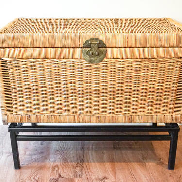 Vintage Wicker Trunk with Brass Hardware and Metal Stand 