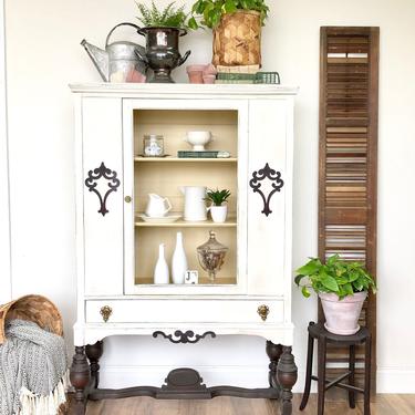 White China Cabinet - Jacobean Furniture - Antique Display Cabinet - Painted Distressed Furniture 
