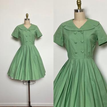 Vintage 1950s Dress 50s Fit and Flare Cotton Green Day Dress 