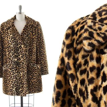 Vintage 1960s 1970s Coat | 60s 70s Leopard Print Faux Fur Warm Quilted Lining Pea Coat (large/x-large) 