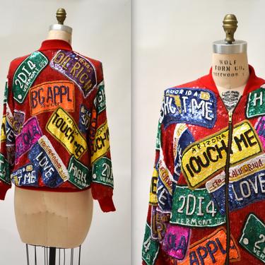 Vintage Sequin Jacket Red with Licence Plates Signs // Vintage Red Sequin Jacket California Colorado New York Pop Art USA American States 