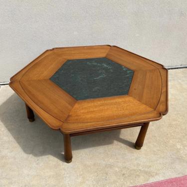 Mid Century Modern Hardwood and Inset Green Italian Marble Coffee Table, Unique Shape with Chinoiserie / Hollywood Regency Style 