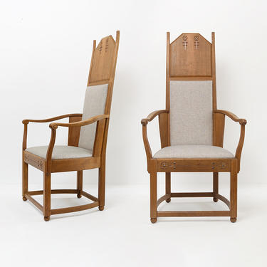 Lars Israel Wahlman architect designed pair of high back oak, Swedish Arts and Crafts period chairs