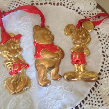 Vintage 1980 Disney Brass Plated Ornaments- Winnie the Pooh- Mickey and Minnie  Christmas Ornaments- 