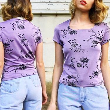 Vintage Lavender Purple + Black Daisy Pattern Short Sleeve Stretchy Grunge T-Shirt Blouse XS/S 