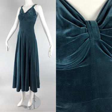 1930s Old Hollywood Teal Velvet Gown 