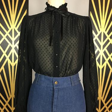 1970s blouse, sheer black, vintage 70s blouse, Swiss dots, tie neck, campus casuals, mock neck blouse, medium, long sleeve, puff shoulders 