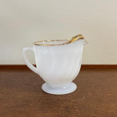 Vintage Anchor Hocking Fire king Milk Glass Creamer, White Swirl with Gold Rim 