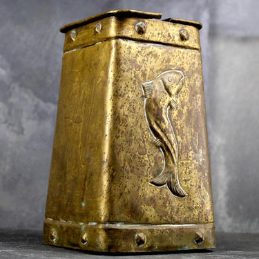 RARE Antique Arts and Crafts Cape Cod Shop Fire Lighter - Brass with Lighting Wand - Embossed Fish - Hand Soldered | FREE SHIPPING 