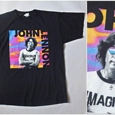 vintage 1997 John Lennon Imagine Tshirt | shirt retro 1990s black blue graphic print rainbow psychedelic Tee | size L unisex mens womens top 