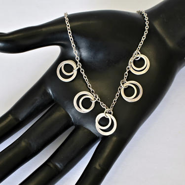 70's sterling rings on rings mod elegant hippie fringe necklace, artisan made 925 silver hip geometric circles boho bib necklace, marked CI 