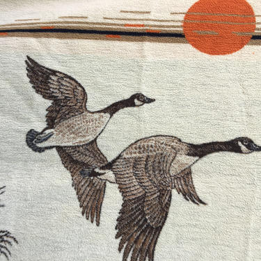 Vintage Biederlack Of America Geese Blanket, 2 Canadian Geese At Sunset, Orange Sun Flying Birds, Cabin Decor 
