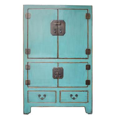 Chinese Vintage Hardware Distressed Pastel Blue Storage Cabinet cs4903S