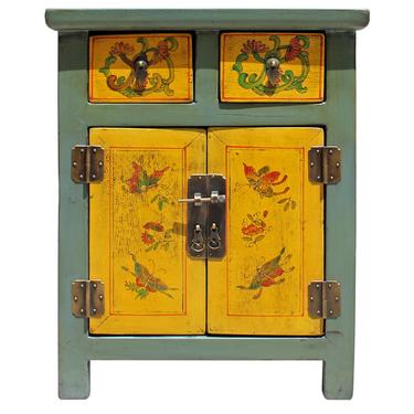 Chinese Oriental Distressed Yellow Gray Butterflies End Table Nightstand cs5135S