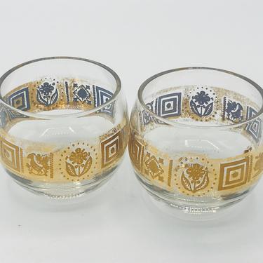 Vintage  Glass  Gold encrusted (2) Roly Poly Glasses- Flower geometric design 2 1/4&amp;quot; tall 