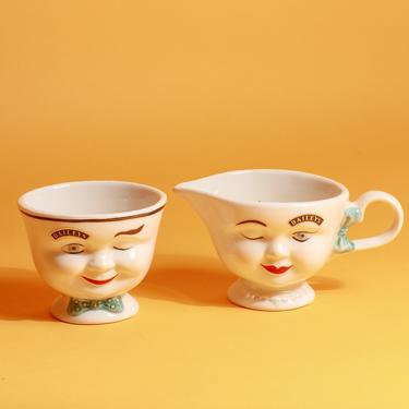 Set of 2 Vintage 90s Sugar &amp; Creamer Winking Face Novelty Limited Edition Cup Mugs 
