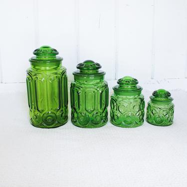 LE Smith Moon and Stars Bright Green Glass Canisters ( Set of 4 ) 