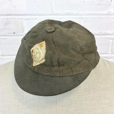 Early 1900s Vintage Suede Dink / Frosh Cap with Face in Hood on Front 