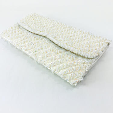 1950s White Beaded Evening Bag | 50s White Beaded Clutch | Made in Hong Kong 
