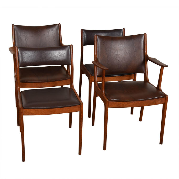 Set of 4 Danish Modern Brown + Teak Dining Chairs (2 Arm + 2 Side)