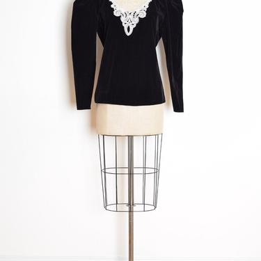 vintage 80s top black velvet cream lace Victorian goth prairie shirt blouse L 