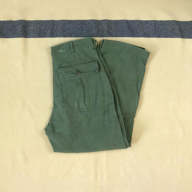 Size 31x27 Vintage 1970s US Army OG-107 Cotton Sateen 4 Pocket Utility Baker Fatigues Pants 