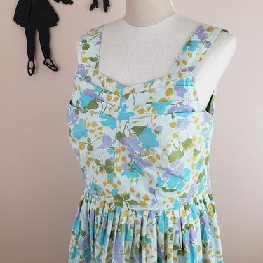 Vintage 1950's Summer Day Dress / 60s Cotton Floral Print Dress XL 